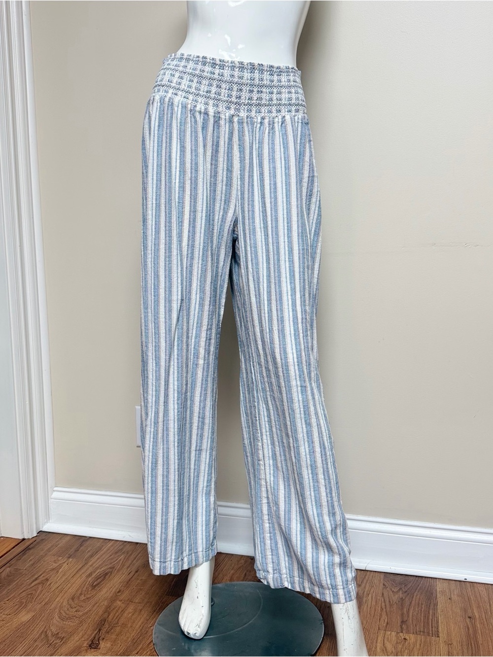 Rewash Linen Blend Striped Wide Leg Pants XL Blue White Smocked Waist Beach Boho